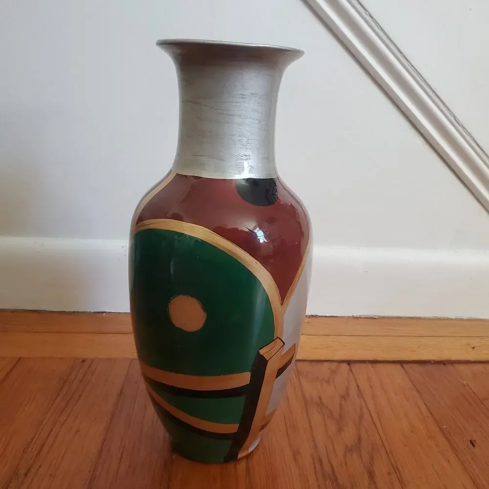 Metallic Color Hand Painted Abstract Geometric Design Vase